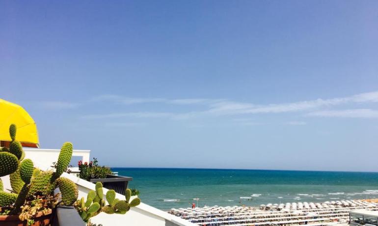 Vista mare con cactus e ombrelloni sulla spiaggia.