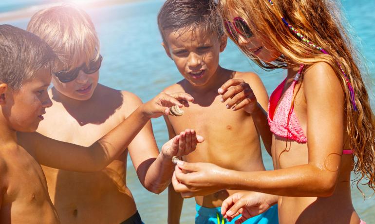 Bambini al mare esplorano conchiglie sotto il sole.
